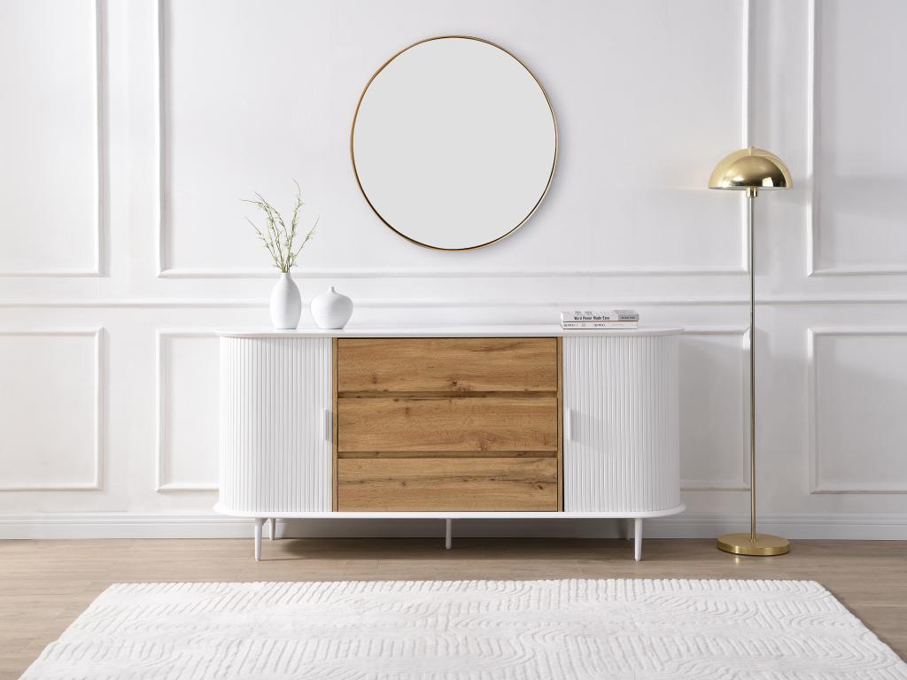 Sideboard mit 2 Schiebetüren & 3 Schubladen - MDF - Weiß & Holzfarben - VEL günstig online kaufen