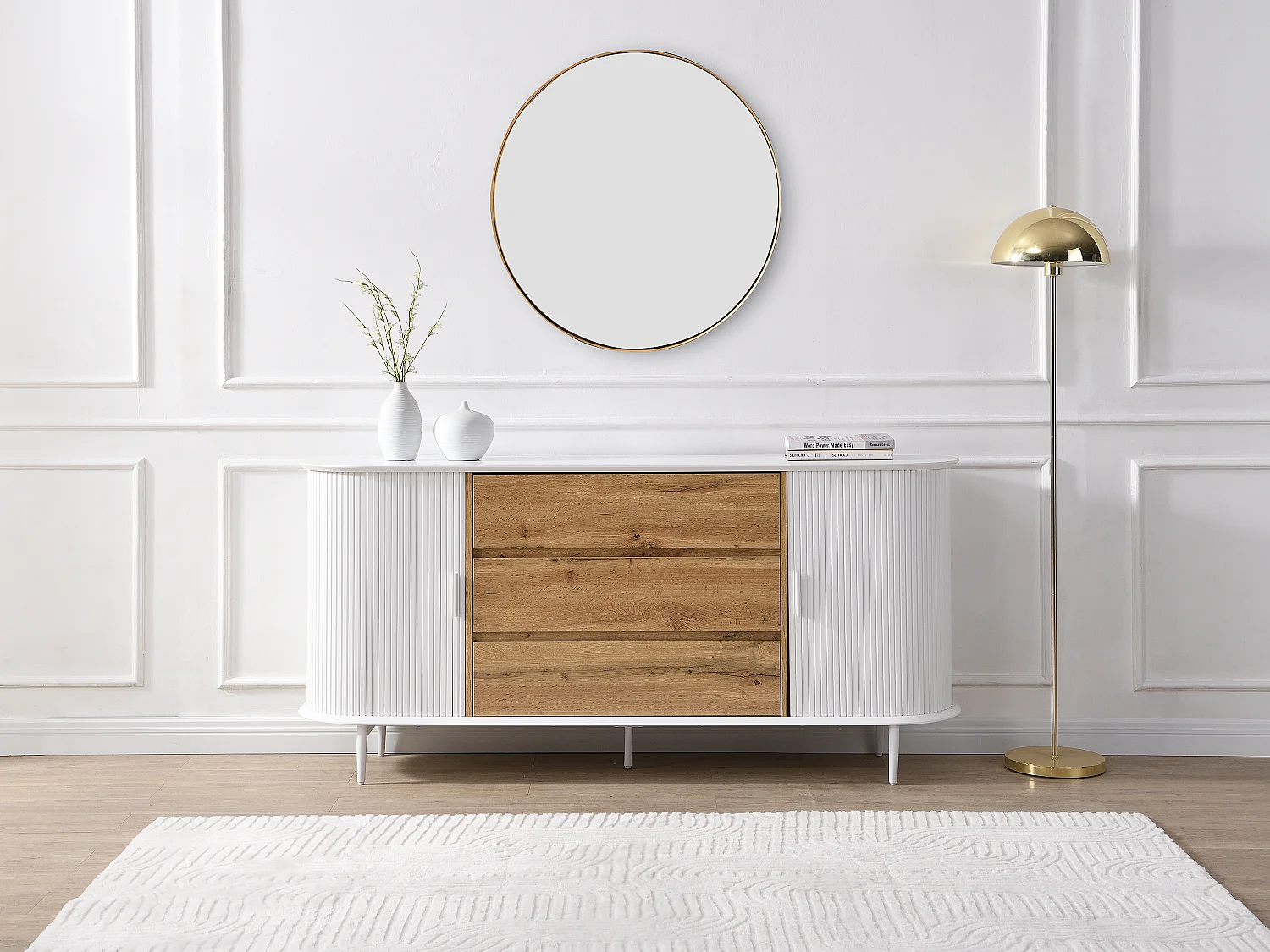 Buffet avec 2 portes coulissantes et 3 tiroirs en MDF - Blanc et naturel - VELURANI