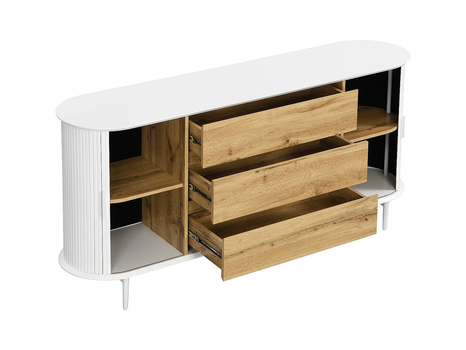 Buffet avec 2 portes coulissantes et 3 tiroirs en MDF - Blanc et naturel - VELURANI