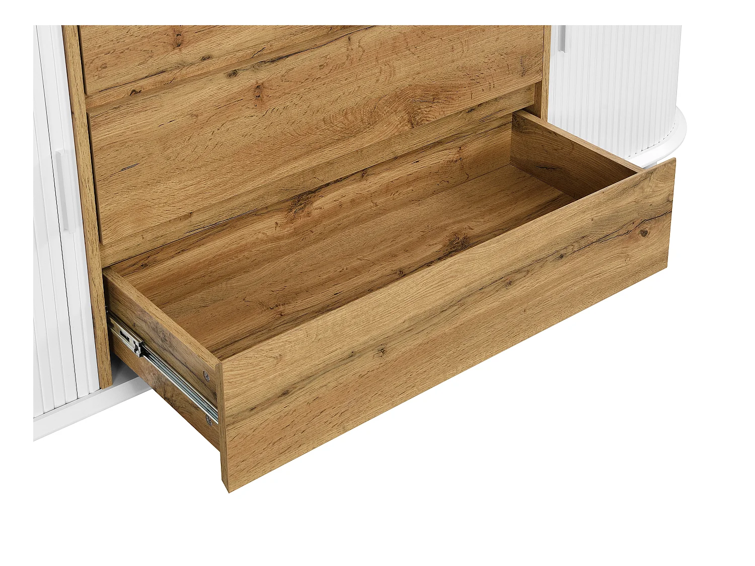 Buffet avec 2 portes coulissantes et 3 tiroirs en MDF - Blanc et naturel - VELURANI