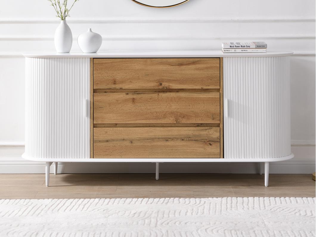 Aparador con 2 puertas correderas y 3 cajones de MDF - Blanco y natural - VELURANI