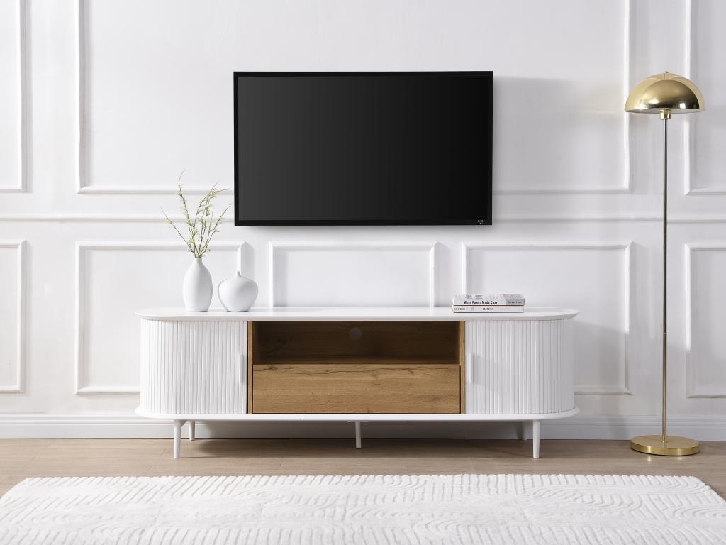 TV-Möbel mit 2 Schiebetüren, 1 Schublade & 1 Ablage - MDF - Weiß & Holzfarb günstig online kaufen