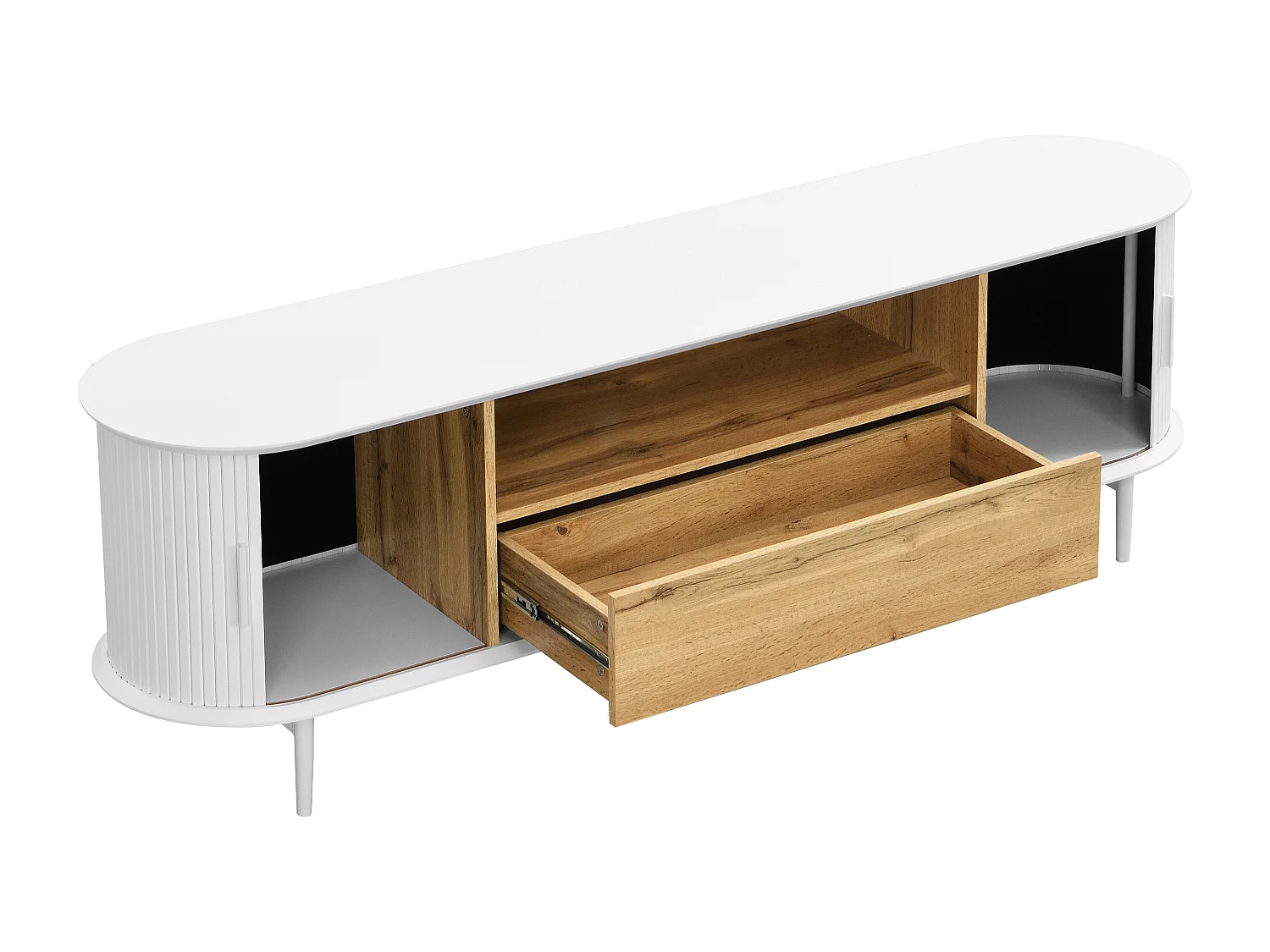 Meuble TV avec 2 portes coulissantes, 1 tiroir et 1 niche en MDF - Blanc et naturel - VELURANI