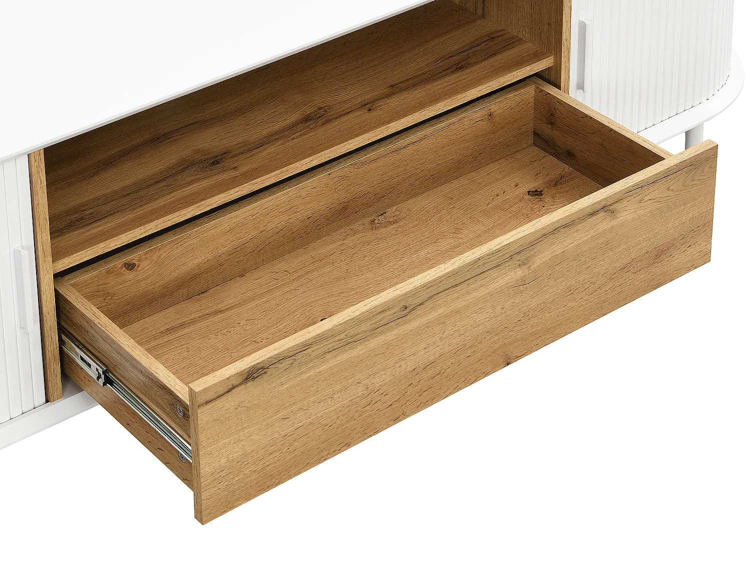 Meuble TV avec 2 portes coulissantes, 1 tiroir et 1 niche en MDF - Blanc et naturel - VELURANI