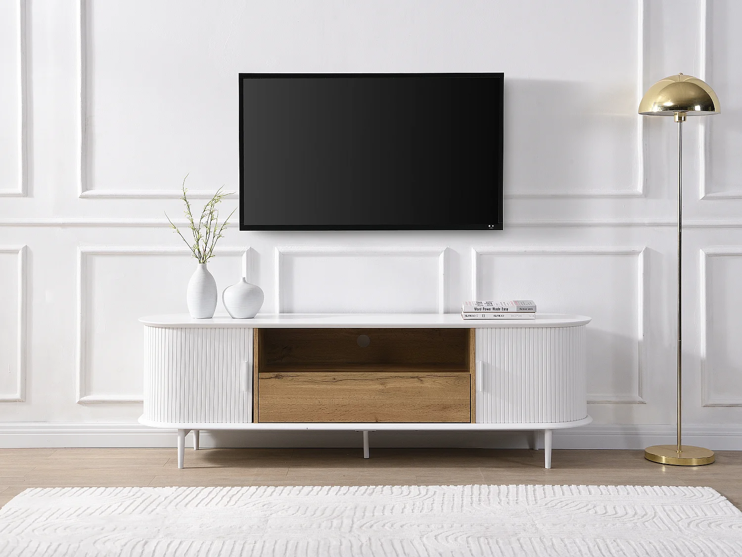 Meuble TV avec 2 portes coulissantes, 1 tiroir et 1 niche en MDF - Blanc et naturel - VELURANI