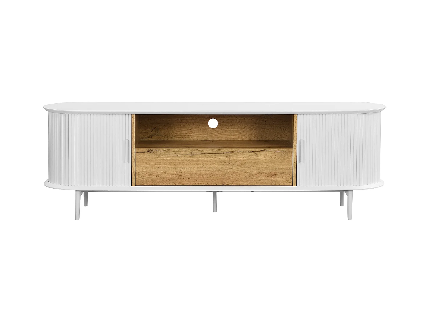 Mueble TV con 2 puertas correderas, 1 cajón y 1 estante de MDF - Blanco y natural - VELURANI
