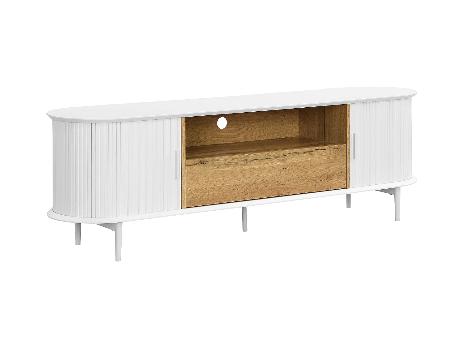 Mueble TV con 2 puertas correderas, 1 cajón y 1 estante de MDF - Blanco y natural - VELURANI