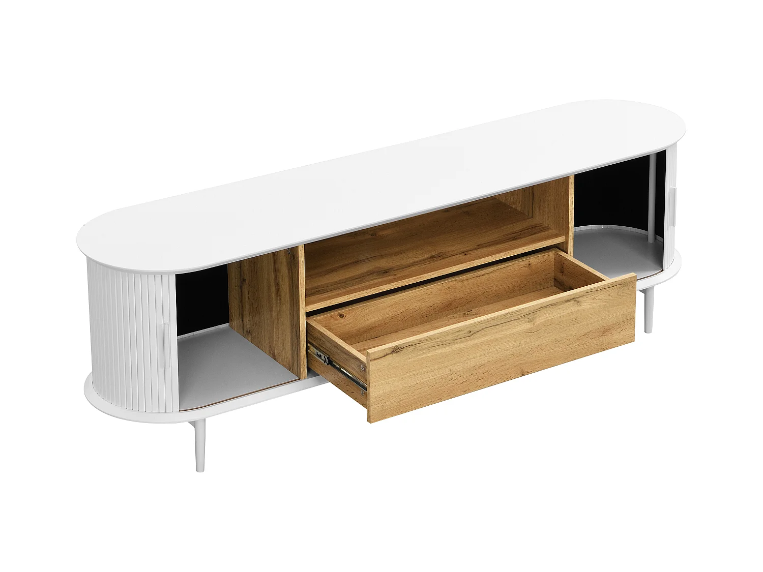 Mueble TV con 2 puertas correderas, 1 cajón y 1 estante de MDF - Blanco y natural - VELURANI