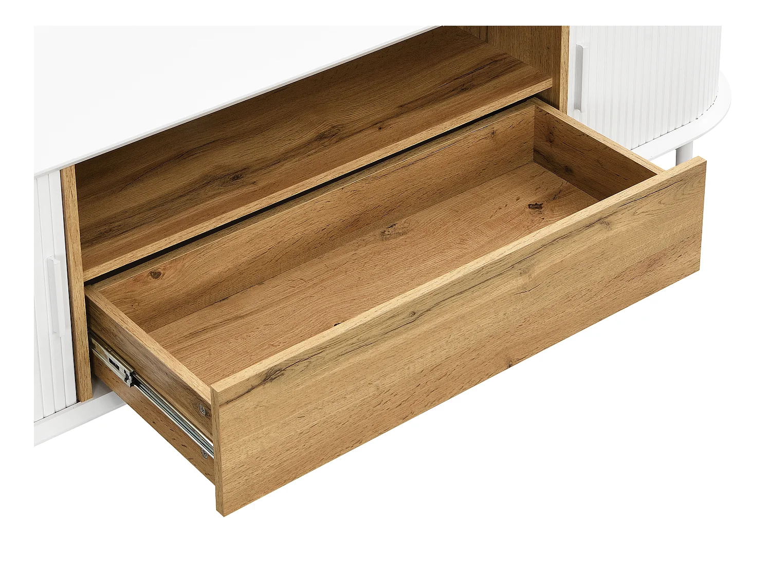 Mueble TV con 2 puertas correderas, 1 cajón y 1 estante de MDF - Blanco y natural - VELURANI