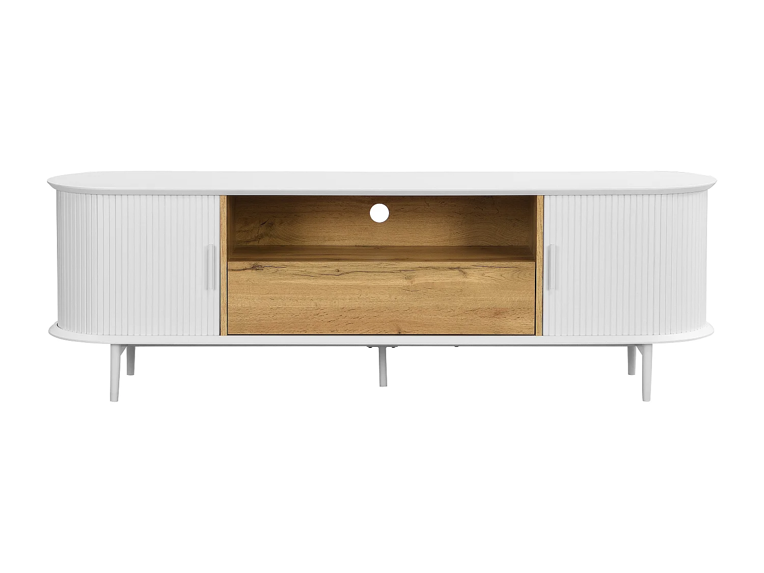 Meuble TV avec 2 portes coulissantes, 1 tiroir et 1 niche en MDF - Blanc et naturel - VELURANI