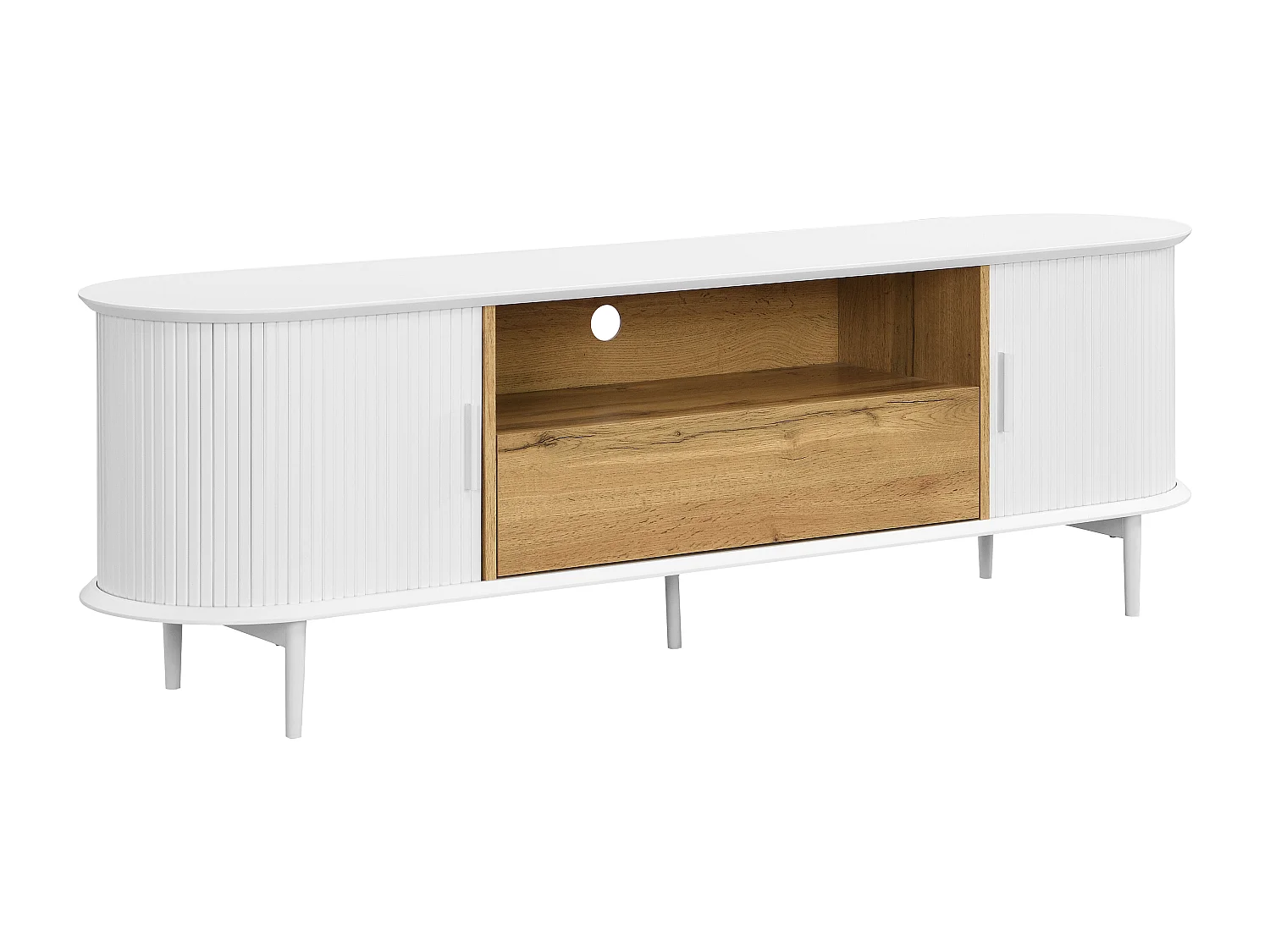 Meuble TV avec 2 portes coulissantes, 1 tiroir et 1 niche en MDF - Blanc et naturel - VELURANI