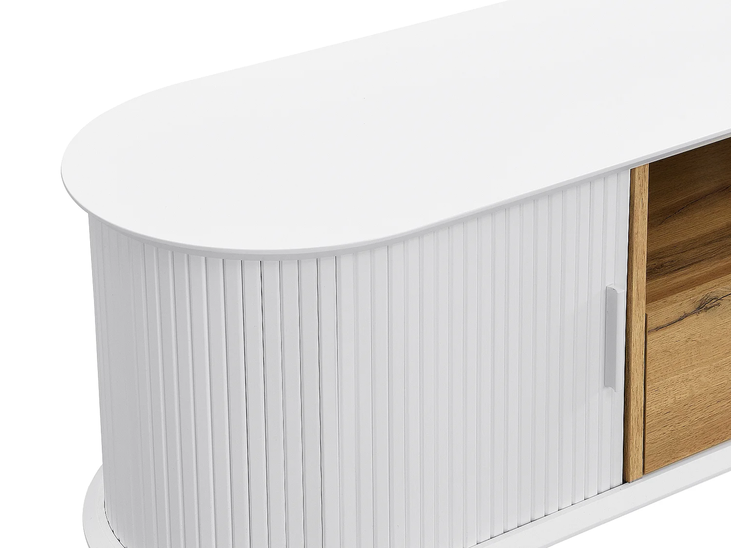 Meuble TV avec 2 portes coulissantes, 1 tiroir et 1 niche en MDF - Blanc et naturel - VELURANI