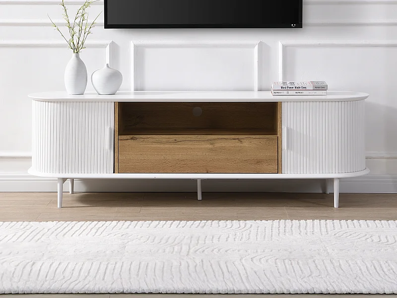 Meuble TV avec 2 portes coulissantes, 1 tiroir et 1 niche en MDF - Blanc et naturel - VELURANI