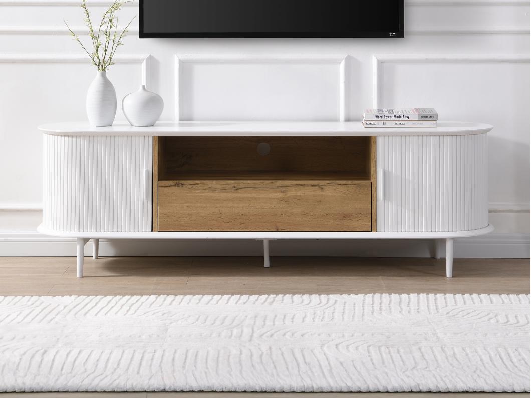 Meuble TV avec 2 portes coulissantes, 1 tiroir et 1 niche en MDF - Blanc et naturel - VELURANI