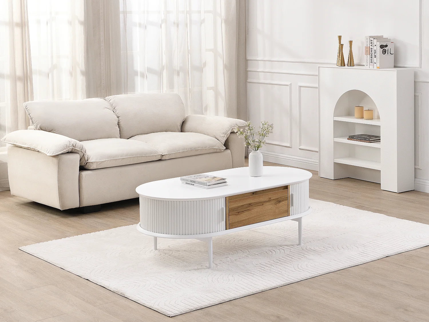 Table basse avec 2 portes coulissantes et 1 tiroir en MDF - Blanc et naturel - VELURANI