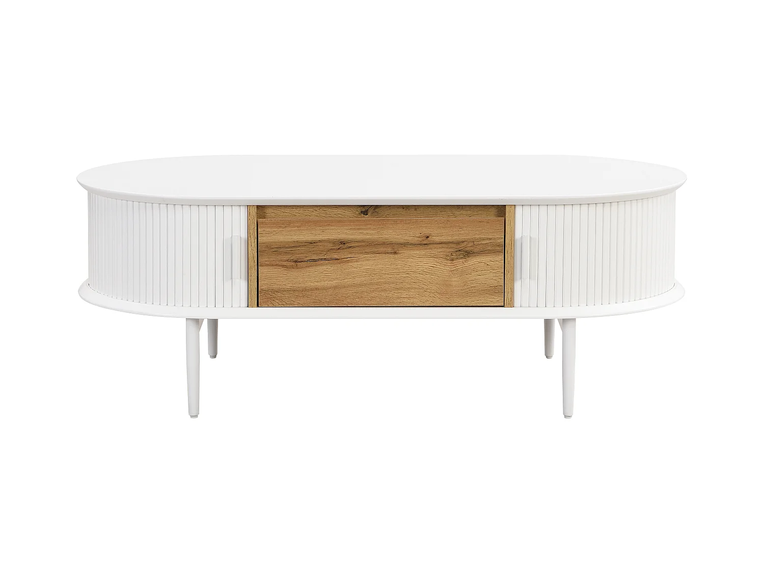 Mesa de centro con 2 puertas correderas y 1 cajón de MDF - Blanco y natural - VELURANI