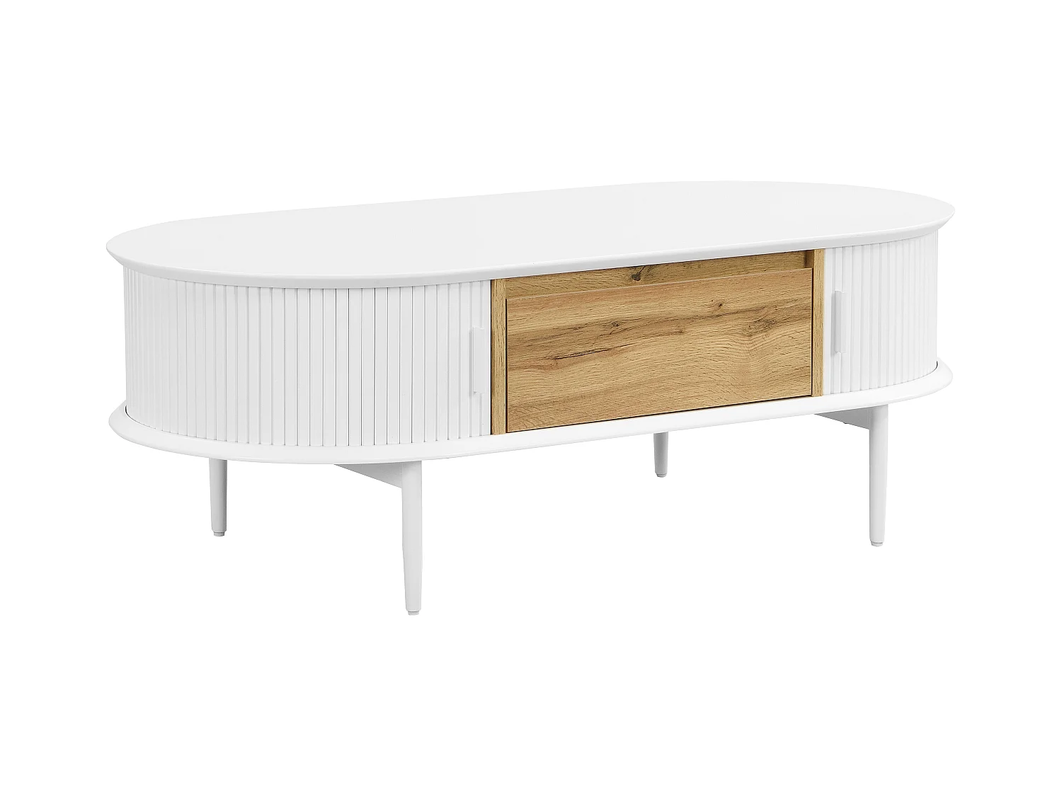 Mesa de centro con 2 puertas correderas y 1 cajón de MDF - Blanco y natural - VELURANI