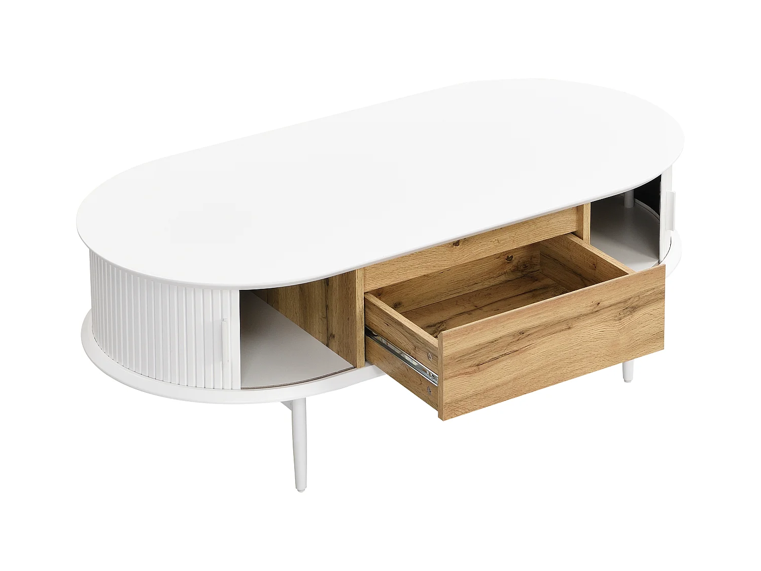 Mesa de centro con 2 puertas correderas y 1 cajón de MDF - Blanco y natural - VELURANI