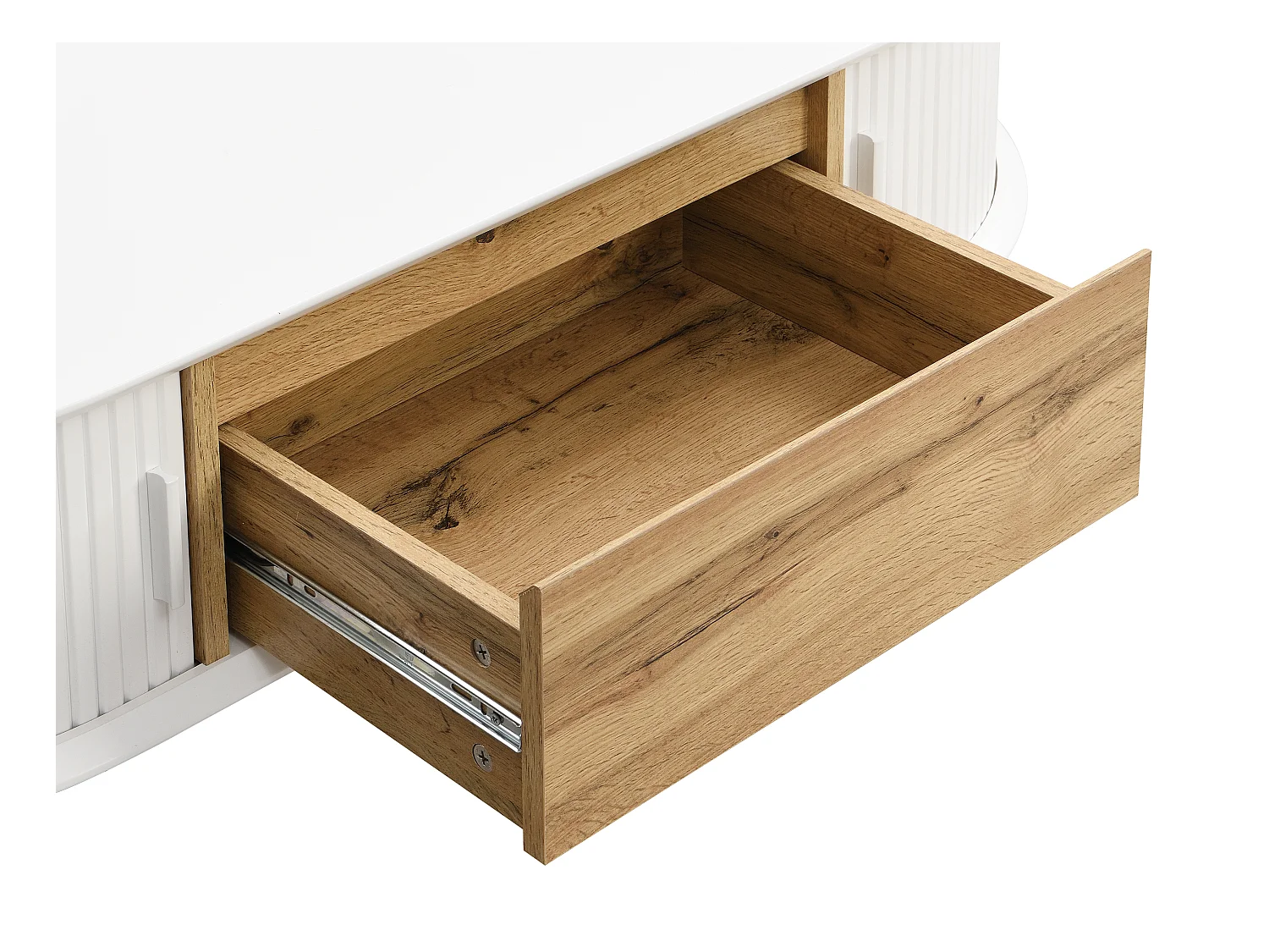 Mesa de centro con 2 puertas correderas y 1 cajón de MDF - Blanco y natural - VELURANI