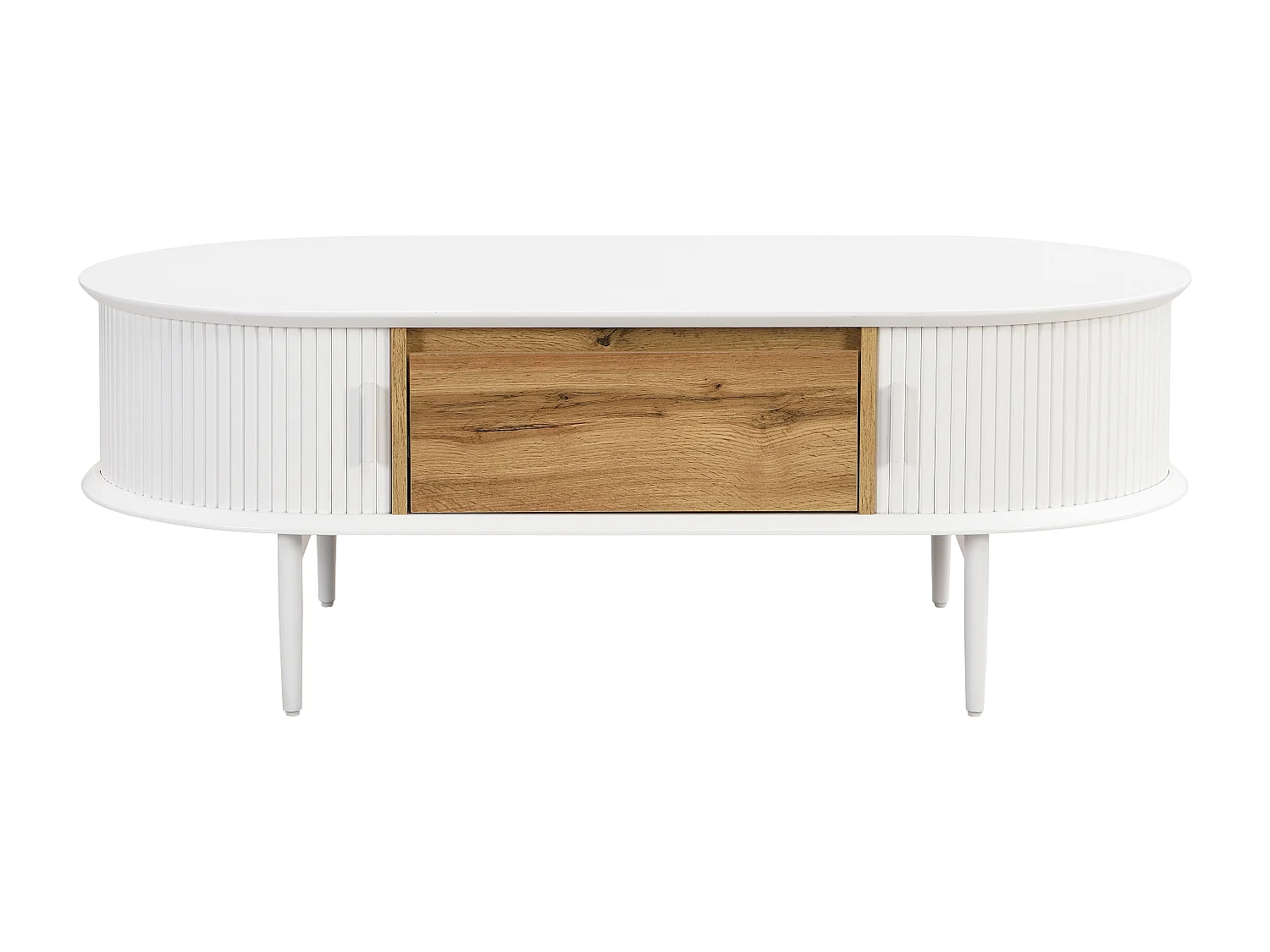 Table basse avec 2 portes coulissantes et 1 tiroir en MDF - Blanc et naturel - VELURANI