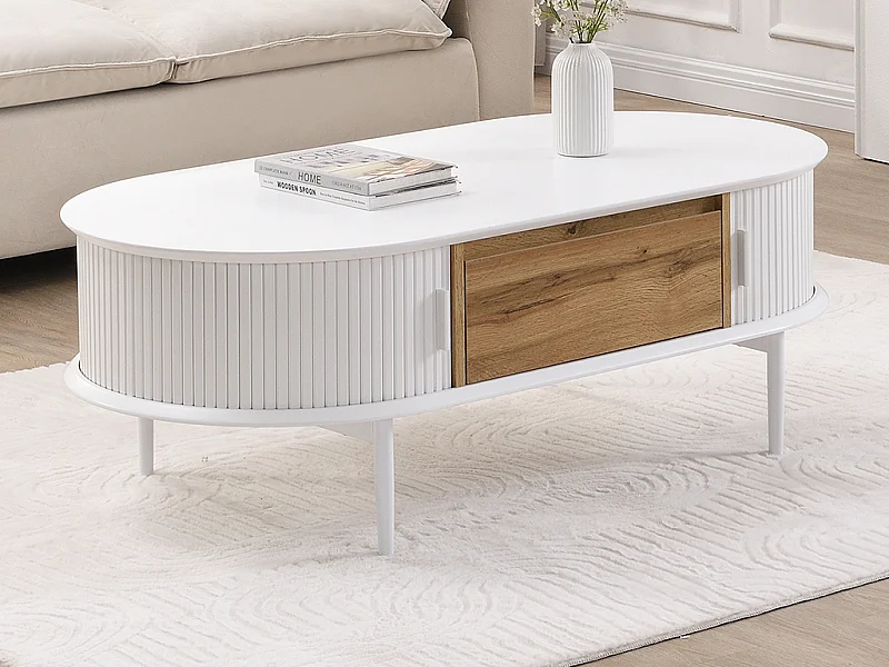 Salontafel met 2 schuifdeurtjes en 1 lade van mdf - Wit en naturel - VELURANI