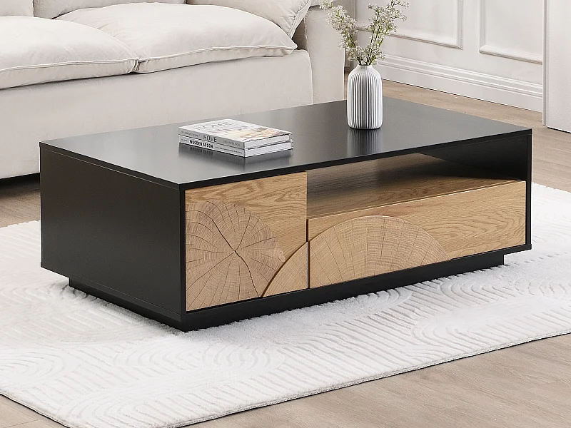 Salontafel met 1 deur, 1 lade en 3 nissen van mdf - Naturel en wit - YASMELIA