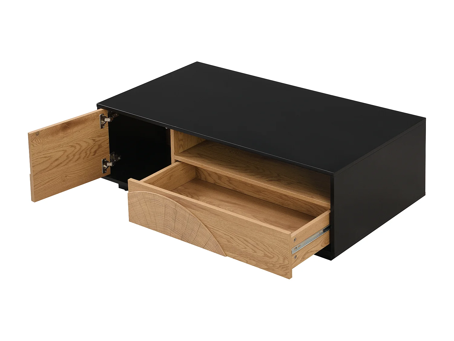 Table basse avec 1 porte, 1 tiroir et 3 niches en MDF - Naturel et noir - YASMELIA