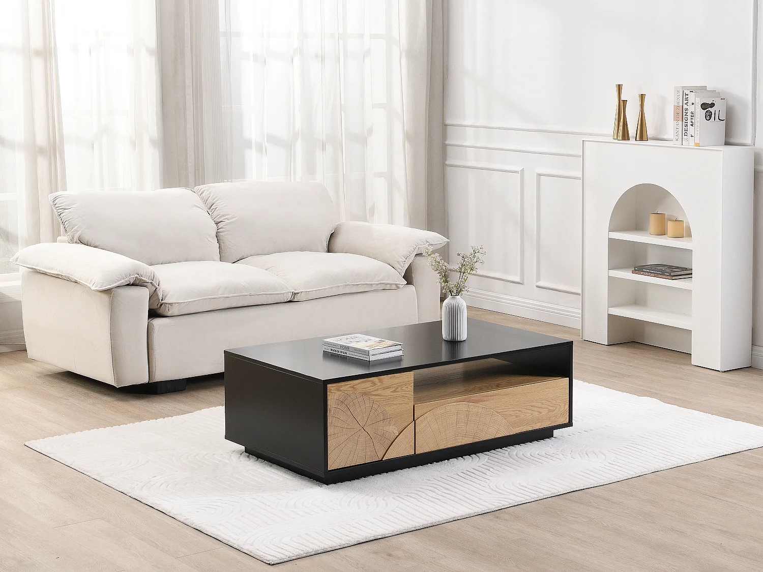 Table basse avec 1 porte, 1 tiroir et 3 niches en MDF - Naturel et noir - YASMELIA