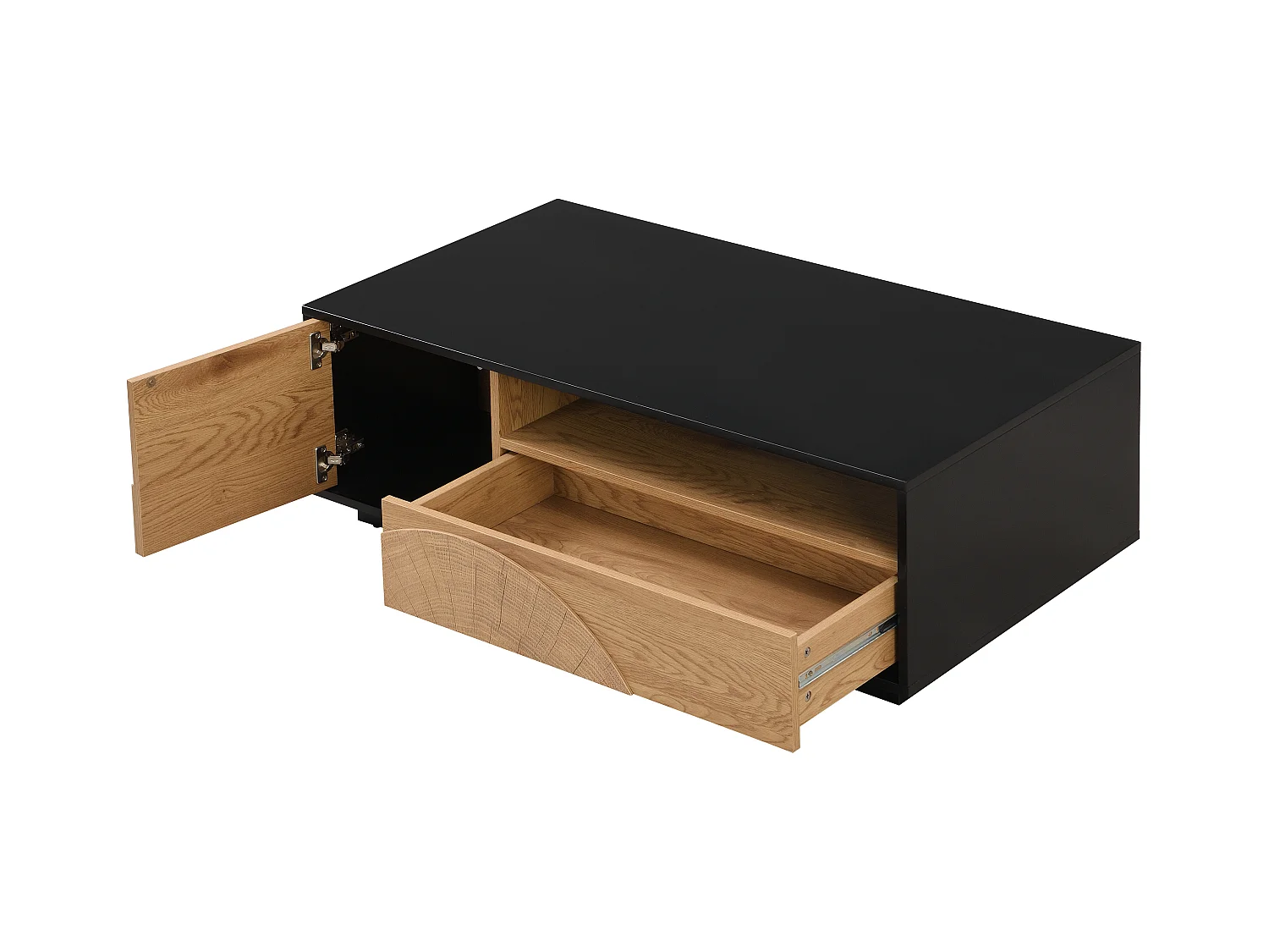 Sofabord med 1 låge, 1 skuffe og 3 rum i MDF - Natur og sort - YASMELIA