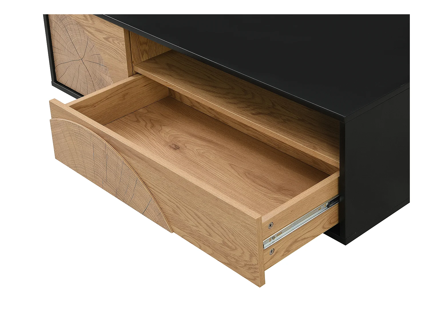 Sofabord med 1 låge, 1 skuffe og 3 rum i MDF - Natur og sort - YASMELIA