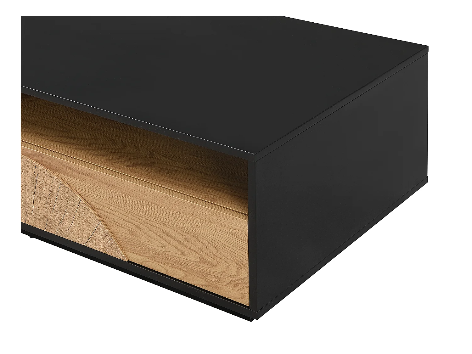 Sofabord med 1 låge, 1 skuffe og 3 rum i MDF - Natur og sort - YASMELIA