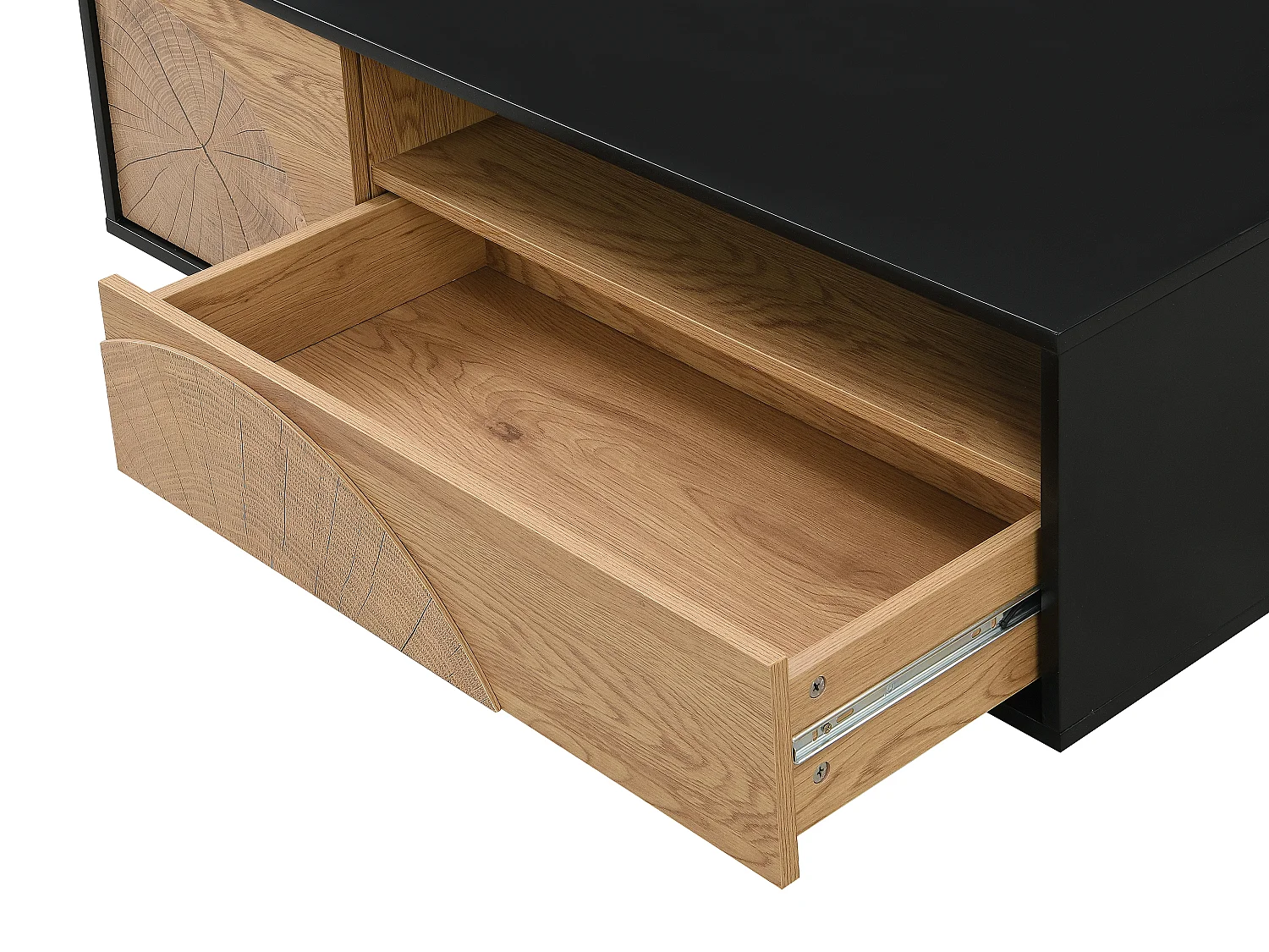 Soffbord med 1 dörr, 1 låda och 3 nischer i MDF - Natur och svart - YASMELIA