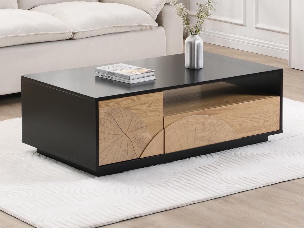 Table basse avec 1 porte, 1 tiroir et 3 niches en MDF - Naturel et noir - YASMELIA