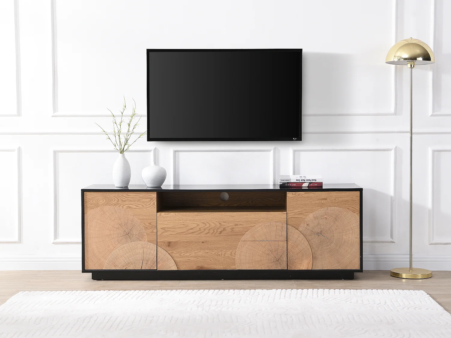 Meuble TV avec 2 portes, 2 tiroirs et 1 niche en MDF - Naturel et noir - YASMELIA