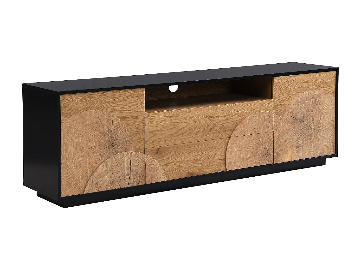 Meuble TV avec 2 portes, 2 tiroirs et 1 niche en MDF - Naturel et noir - YASMELIA