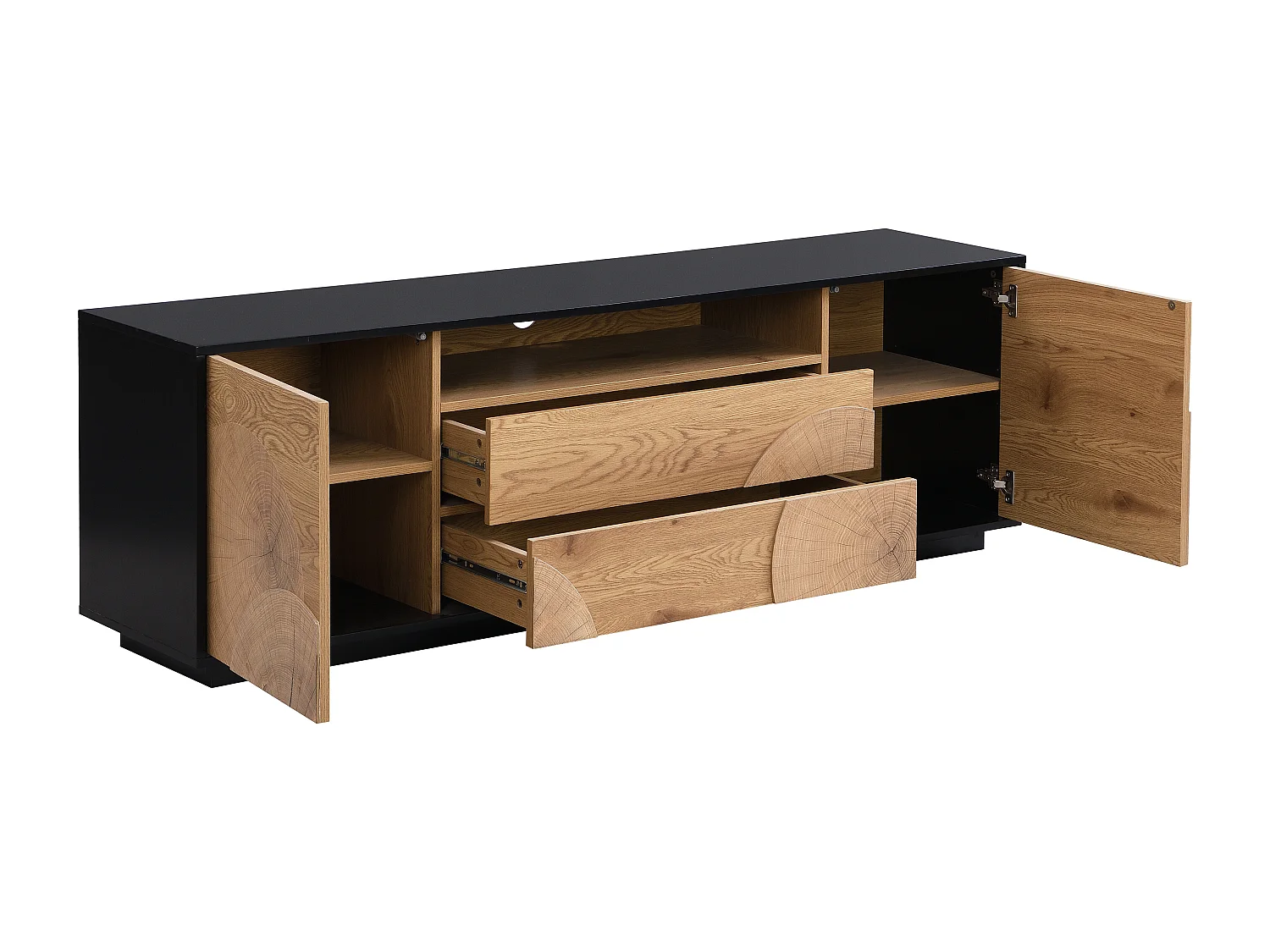 Meuble TV avec 2 portes, 2 tiroirs et 1 niche en MDF - Naturel et noir - YASMELIA