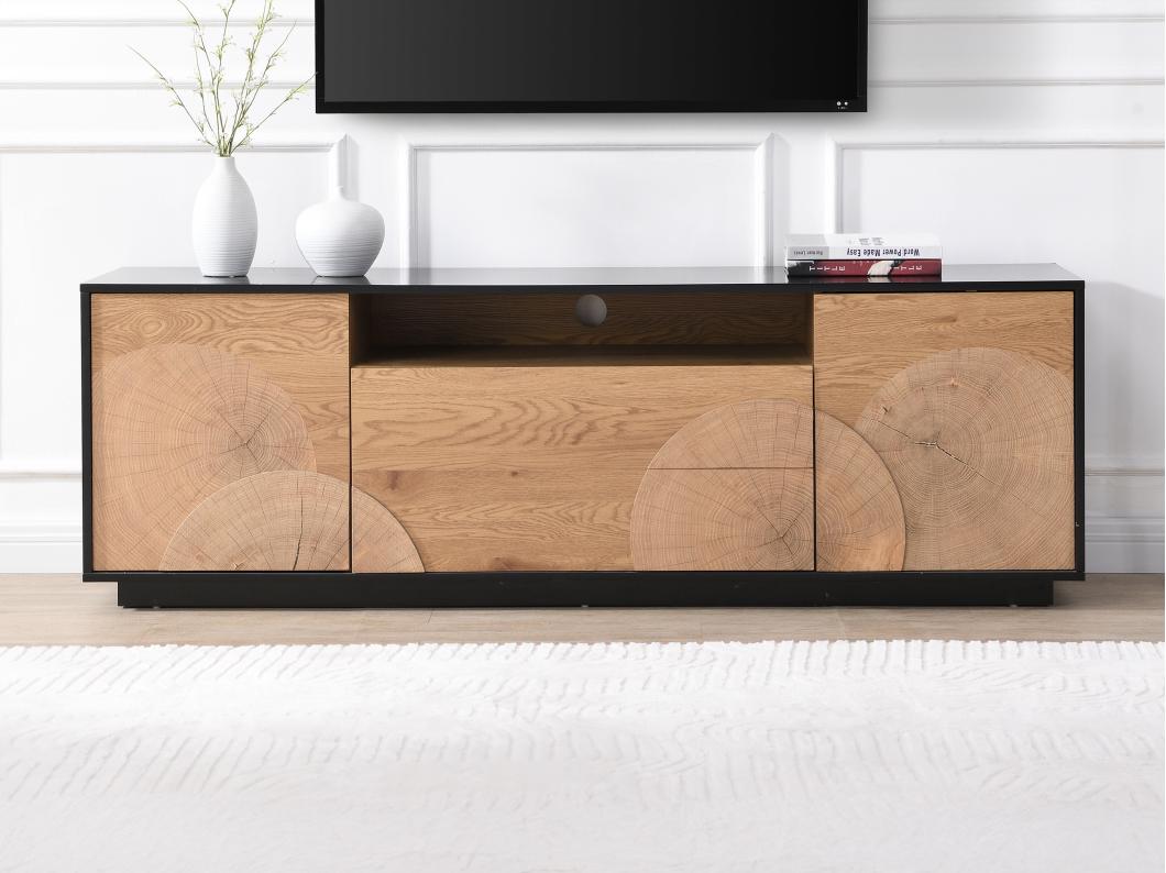 Meuble TV avec 2 portes, 2 tiroirs et 1 niche en MDF - Naturel et noir - YASMELIA