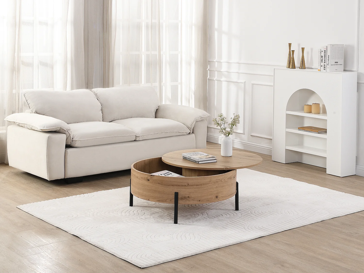 Mesa de centro con tablero giratorio y almacenamiento en MDF - Natural - YEMELIA