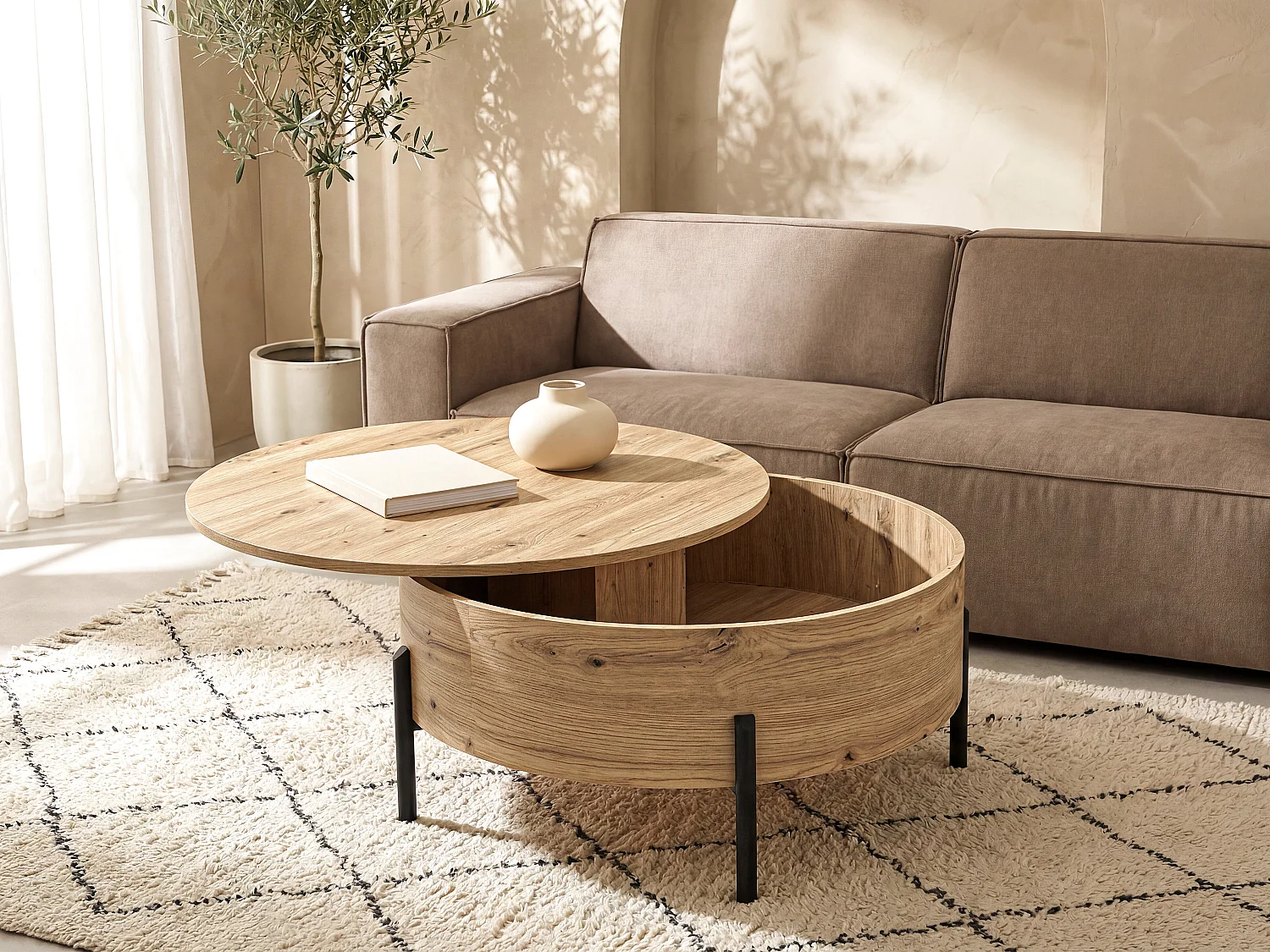 Table basse avec plateau pivotant et coffre de rangement en MDF - Naturel - YEMELIA