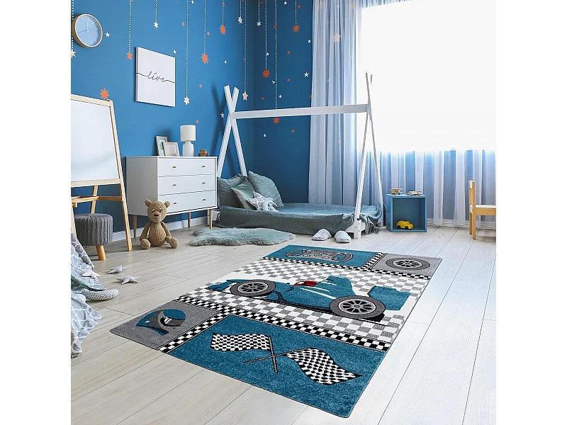 Tapis enfant 160x230 rectangle tissé bleu et gris KID RACE