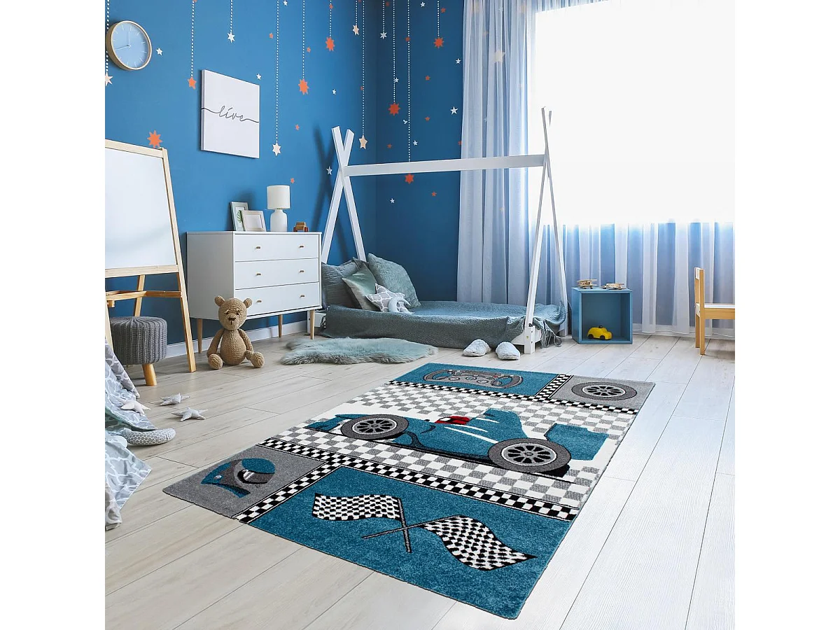 Tapis enfant 160x230 rectangle tissé bleu et gris KID RACE