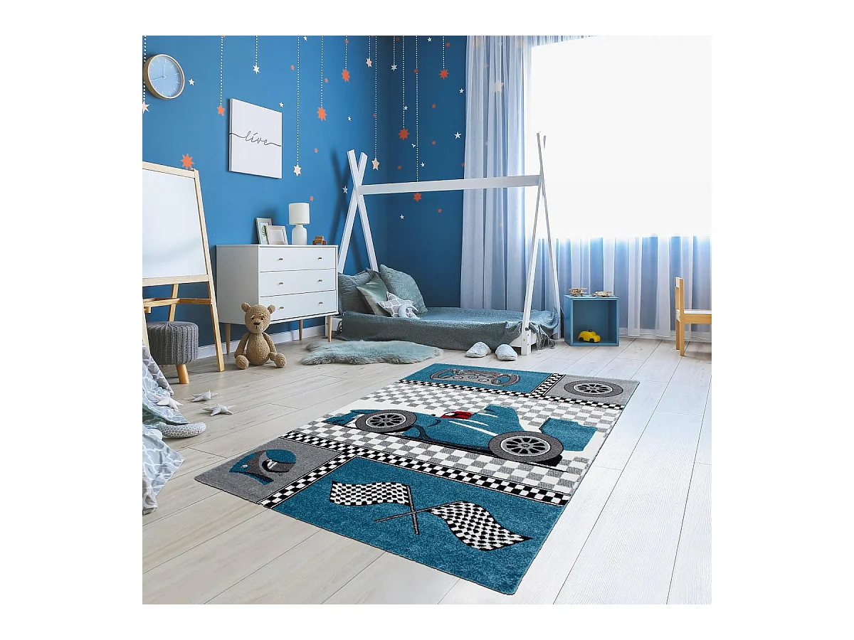 Tapis enfant 160x230 rectangle tissé bleu et gris KID RACE
