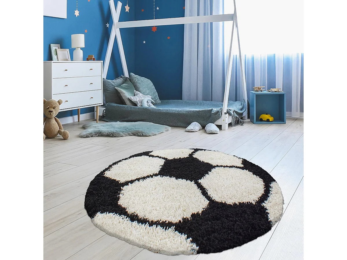 Tapis enfant Ø100cm rond tissé noir et crème SHAGGY FOOT