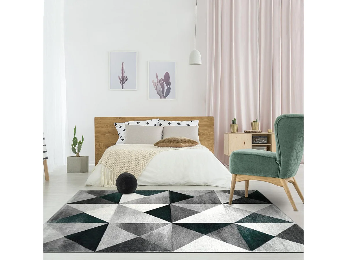 tapis salon 160x230 tissé gris et vert rectangle motif géométrique LYN8 TRANDOU