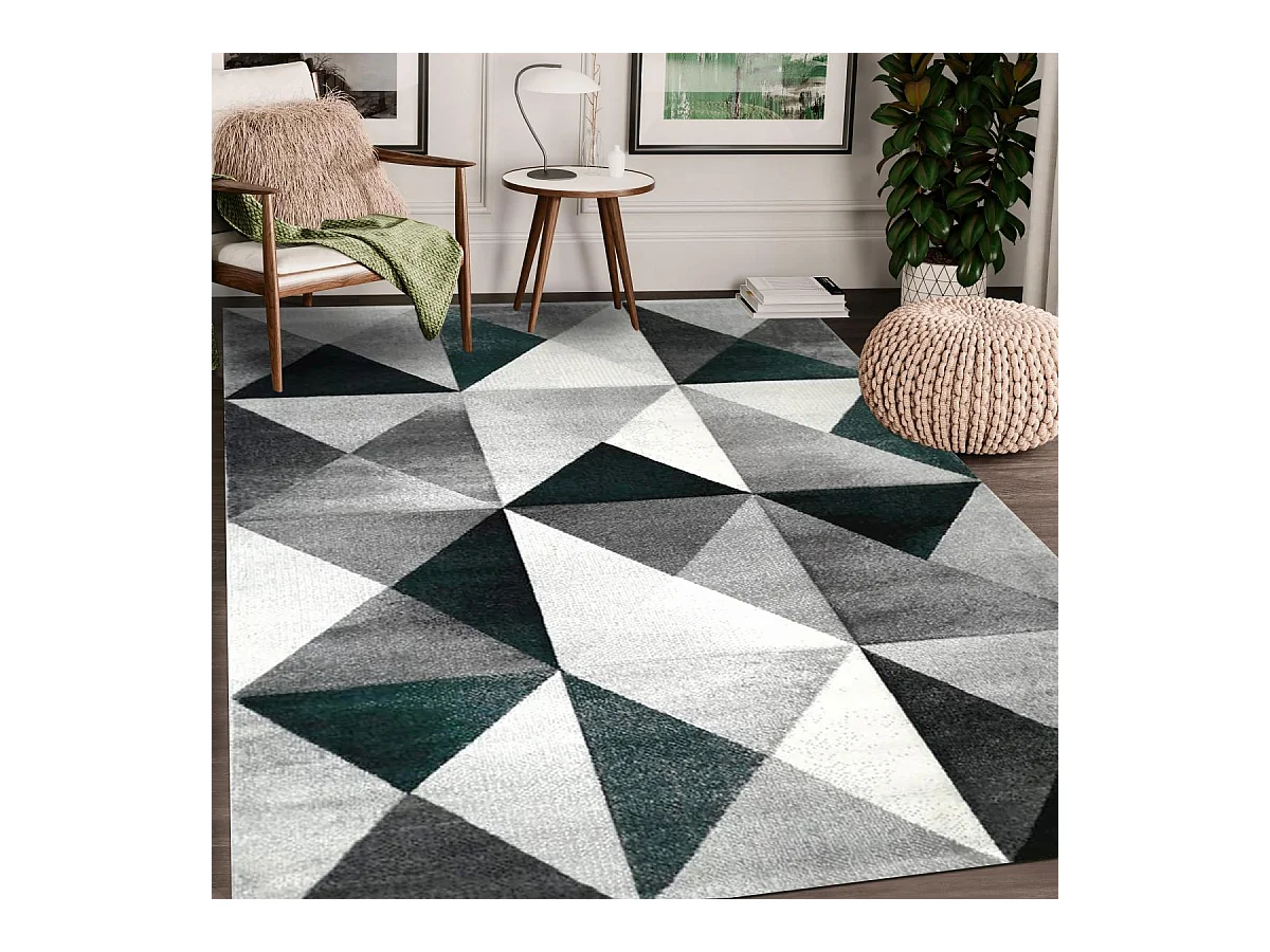 tapis salon 160x230 tissé gris et vert rectangle motif géométrique LYN8 TRANDOU