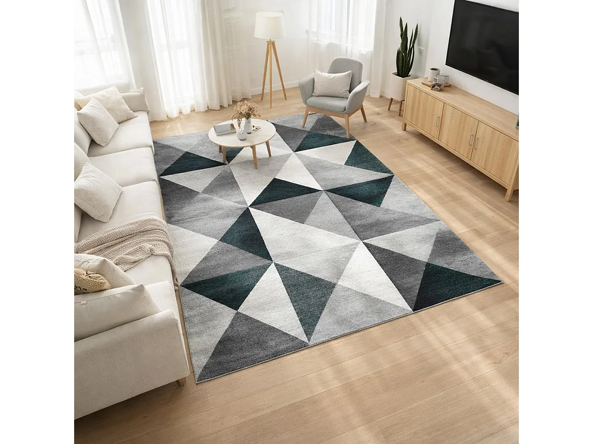 tapis salon 160x230 tissé gris et vert rectangle motif géométrique LYN8 TRANDOU