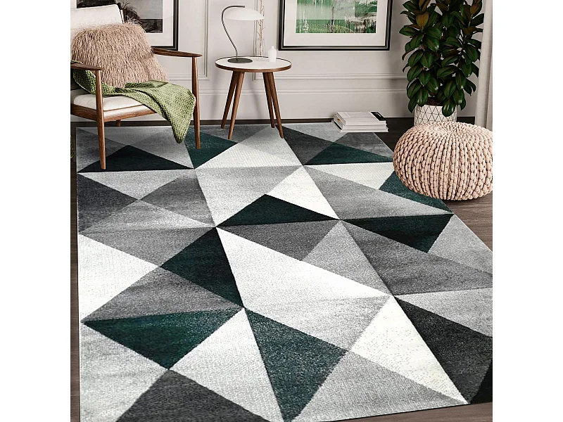 tapis salon 160x230 tissé gris et vert rectangle motif géométrique LYN8 TRANDOU