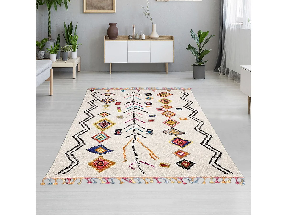 Tapis berbère 160x230 tissé motif ethnic LYN5 OURIKA E ivoire