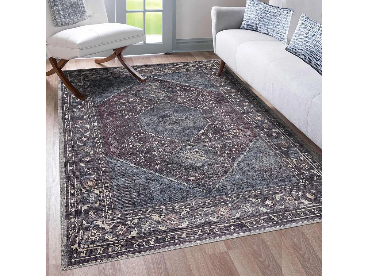 Tapis oriental 150x230 rectangle blue et gris tissé motif ethnique GASHGAI