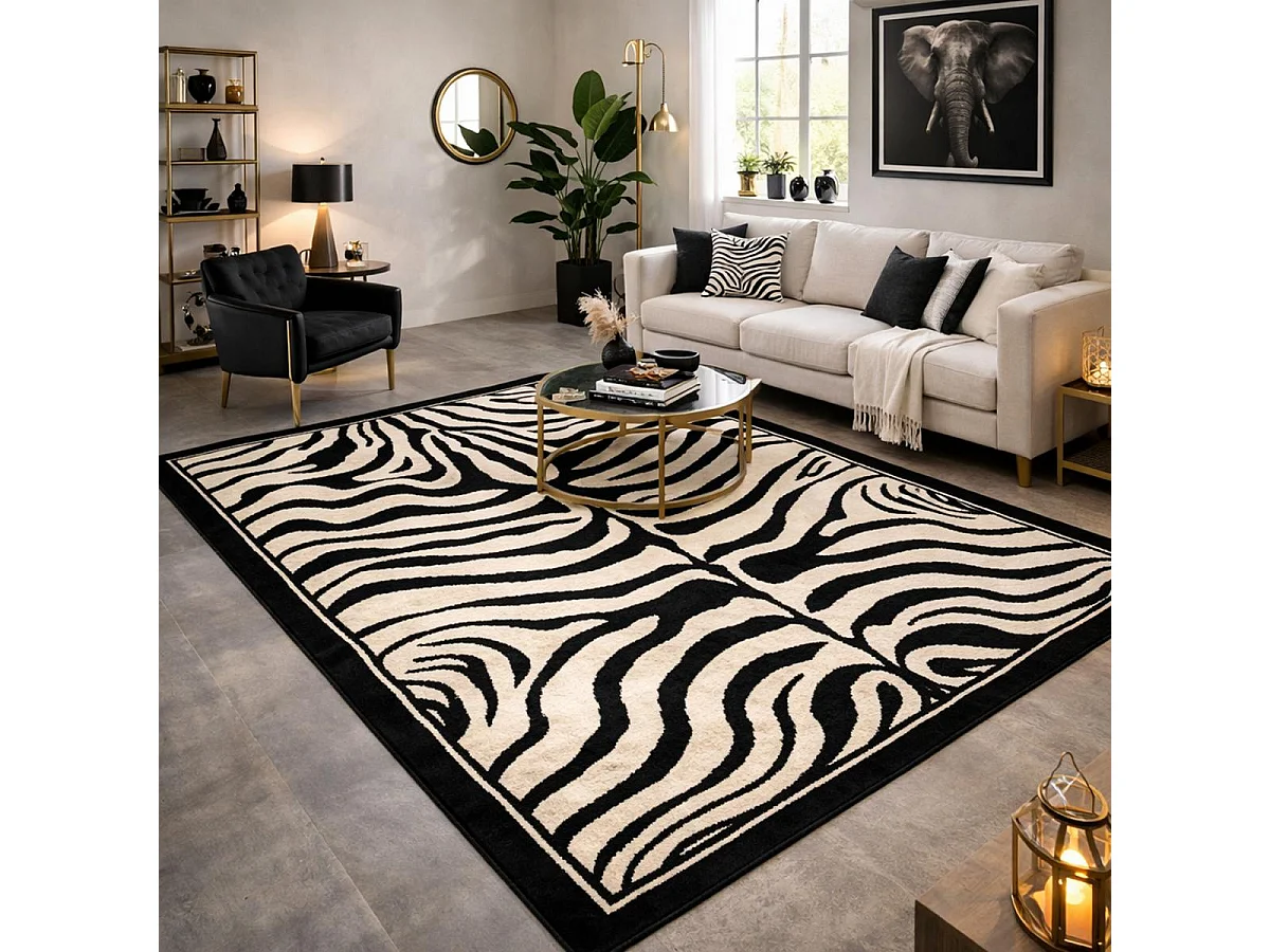 tapis salle à manger 240x340 tissé noir rectangle motif animaux LYN1 ZEBRO